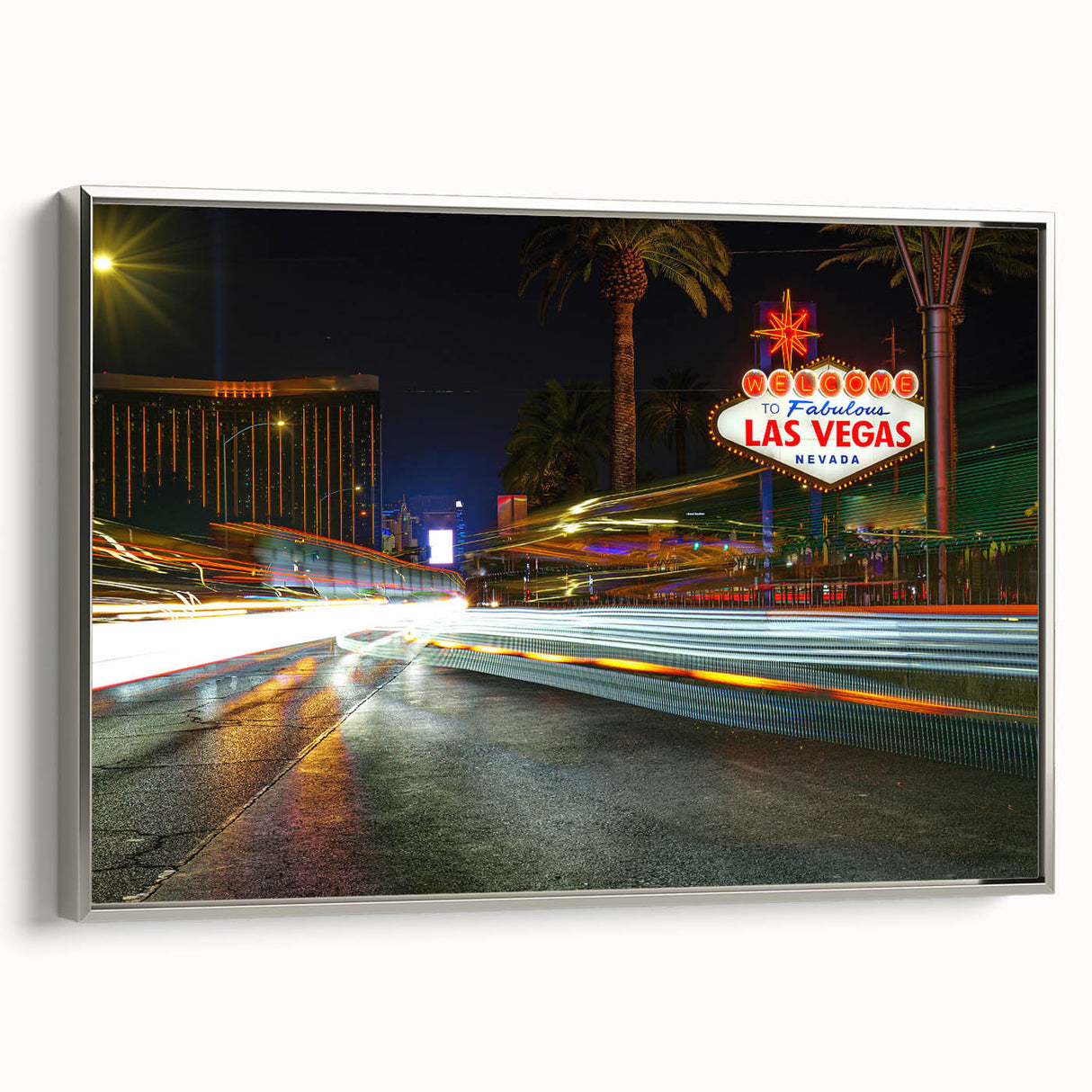 Landscape art painting of Las Vegas with colorful vintage poster style on black framed canvas, ideal for living room decor.
