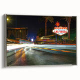 Landscape art painting of Las Vegas with colorful vintage poster style on black framed canvas, ideal for living room decor.