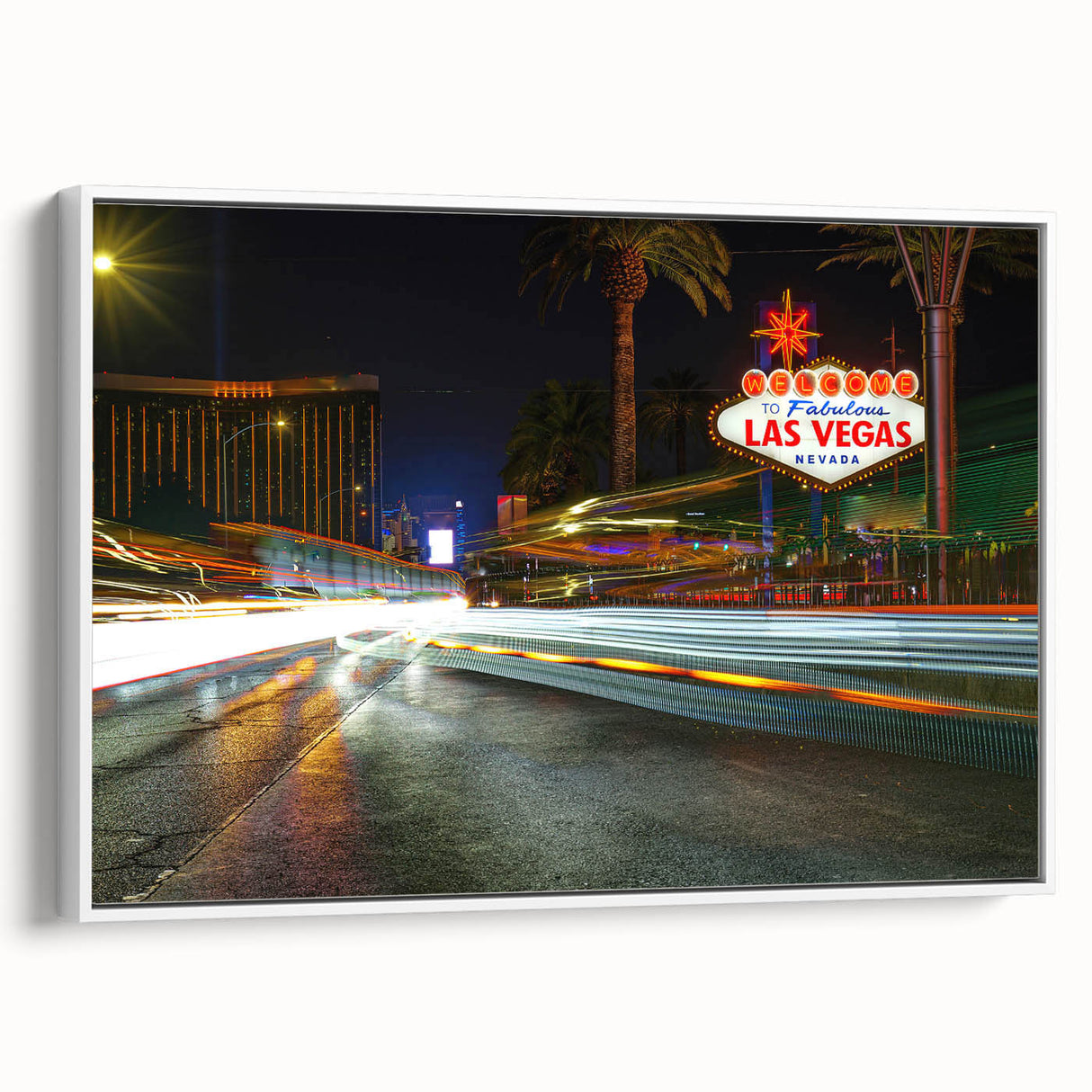 Vintage poster art of Las Vegas with colorful elements on extra large, framed canvas, ideal for living room decor.