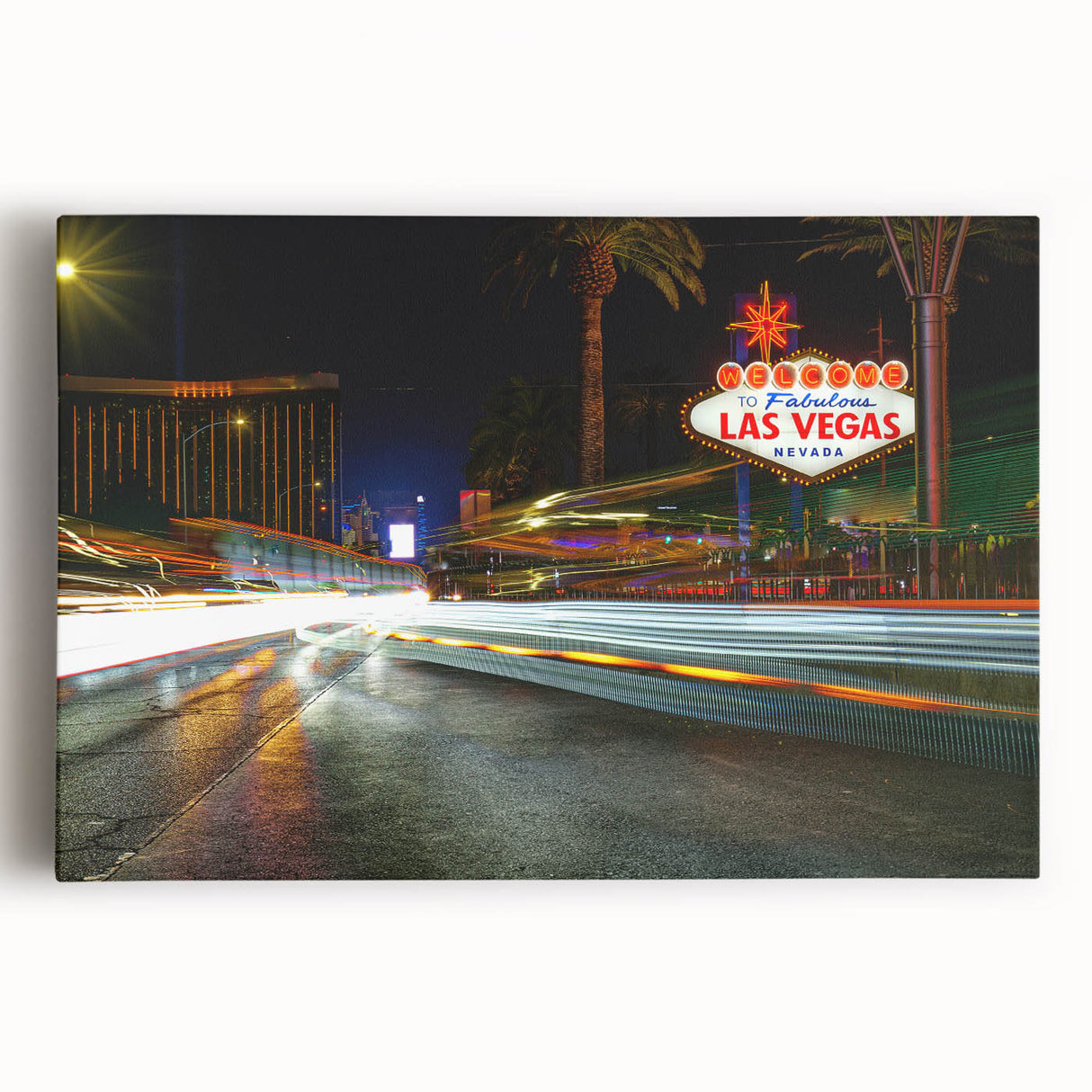 Black and white large art print of the Las Vegas skyline, rendered on stretched canvas, ideal for kitchen wall art.