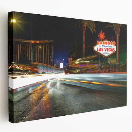 Las Vegas skyline depicted in vibrant neon colors on a large stretched canvas, ideal for kitchen wall art.
