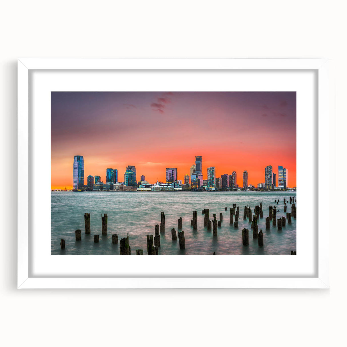 Abstract art print of New Jersey scenery in muted green and blue tones on a framed white mat.