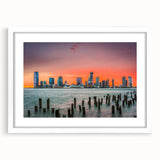 Abstract art print of New Jersey scenery in muted green and blue tones on a framed white mat.