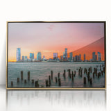 Mid-century modernist art of New Jersey scenery in gold tones on a framed acrylic, suitable for modern art wall decor.