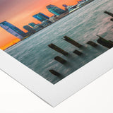 Art deco poster of New Jersey scenery in muted blues and greens on rolled canvas, suitable for dining room wall art.