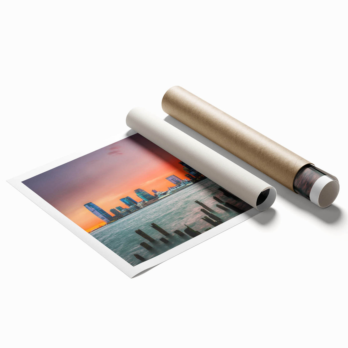 Extra large rolled canvas print of New Jersey scenery with soft floral designs, in muted green and blue tones.