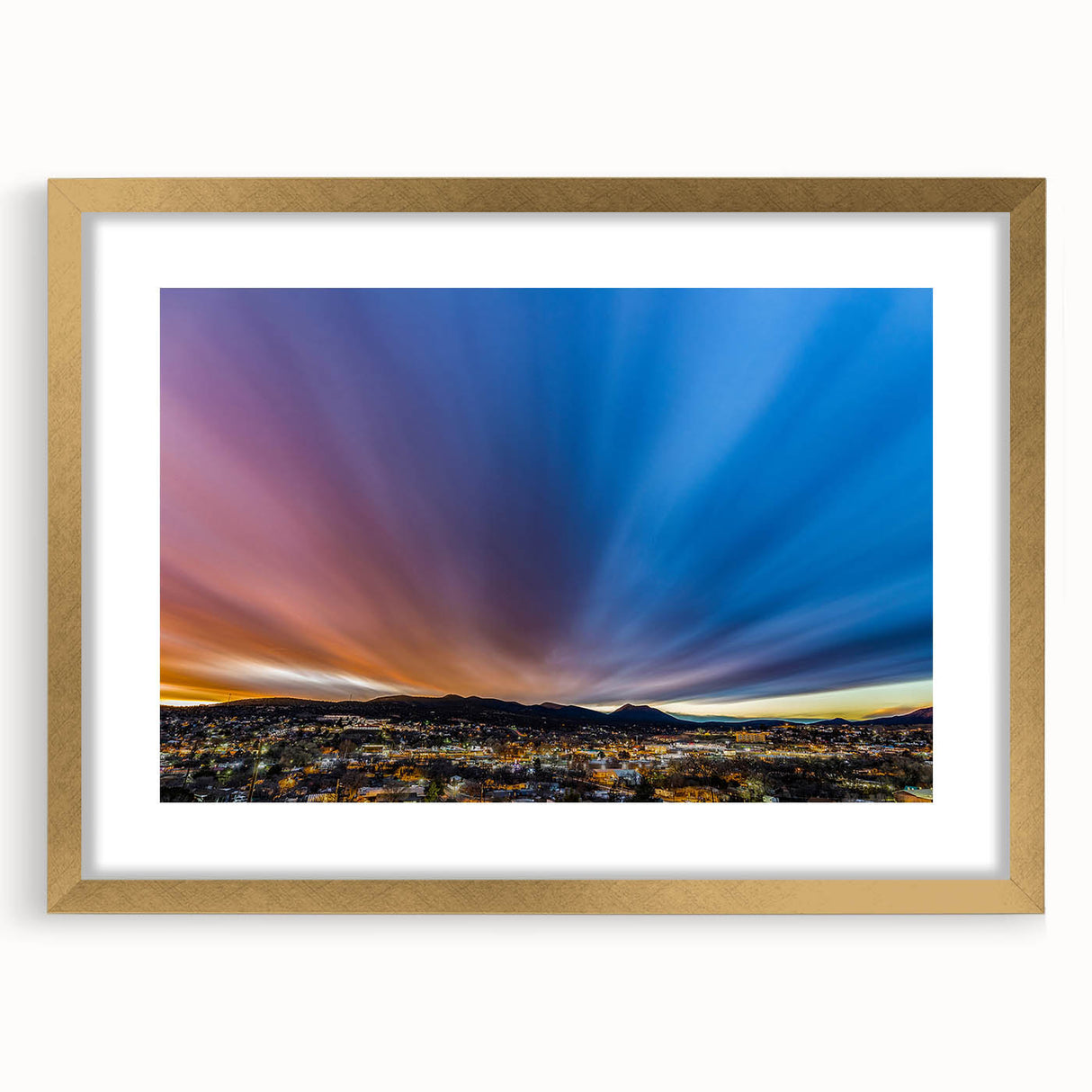Extra large abstract art print depicting textured New Mexico scenery in muted earth tones, framed in gold.