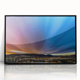 Large abstract wall art depicting New Mexico scenery in muted earth tones, framed in black acrylic.