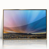 Large art print depicting a New Mexico landscape in mid-century modernist style, framed in gold acrylic.