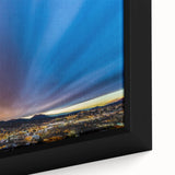 Extra large framed canvas featuring a textured depiction of a New Mexico landscape in black with colorful accents.