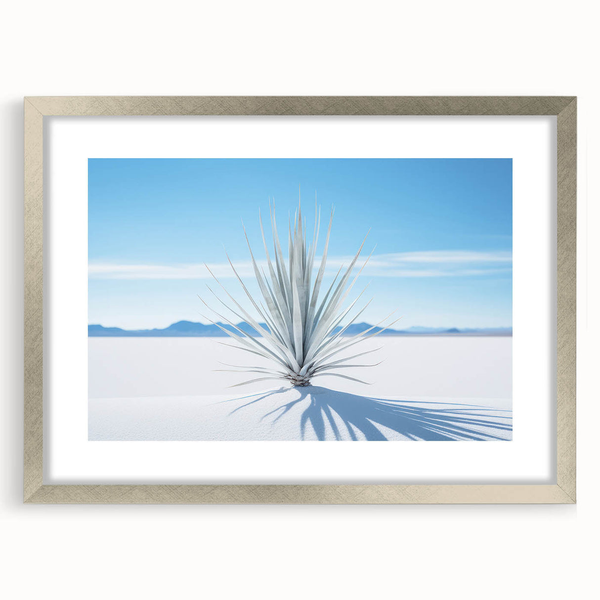 Textured art of abstract white sands in New Mexico, pastel shades, framed in silver, ideal for bedroom art.