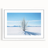 Abstract art print of White Sands, New Mexico, in muted beige and white tones on a framed canvas.