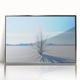 Mid-century modernist art of White Sands, New Mexico in muted pastel tones, acrylic print in silver frame.