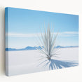 White Sands, New Mexico scenery on large stretched canvas, portraying serene dunes in muted beige and blue tones.