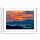 Abstract art print of the Blue Ridge in North Carolina, featuring muted green and blue tones on a framed white mat.