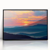 Large abstract wall art depicting the Blue Ridge scenery in muted blue and green tones, framed in black acrylic.