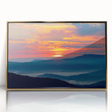 Mid-century modernist style large art print depicting the Blue Ridge scenery in North Carolina, framed in gold acrylic.