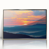 Mid-century modernist art depicting the Blue Ridge in North Carolina, framed in silver acrylic.