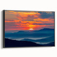 Black and white landscape art of the Blue Ridge Mountains on a framed canvas, suitable for bedroom decor.