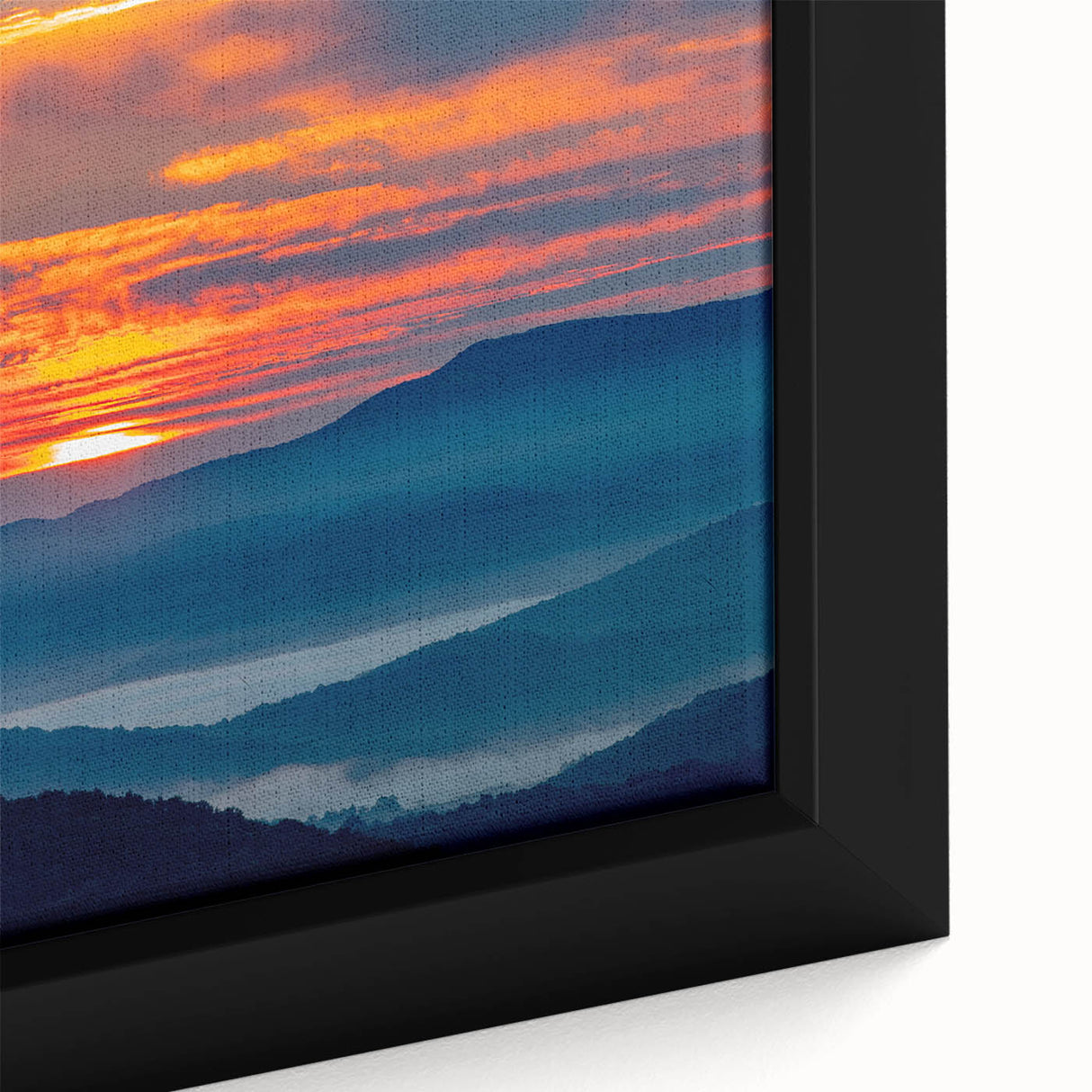 Close-up of a textured, extra-large framed canvas depicting colorful Blue Ridge scenery, ideal for living room decor.