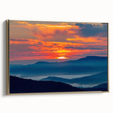 Framed canvas depicting a Blue Ridge landscape in muted greens and blues, ideal for bedroom wall art.