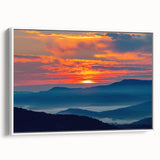 Vintage poster art of Blue Ridge Mountains in muted colors on a framed canvas, ideal for living room decor.
