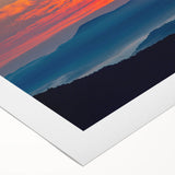 Art deco poster of the Blue Ridge Mountains in muted blue and green tones on rolled canvas, suitable for dining room decor.