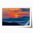 Blue Ridge Mountains landscape on rolled canvas, featuring muted earth tones, ideal for art wall dining room.