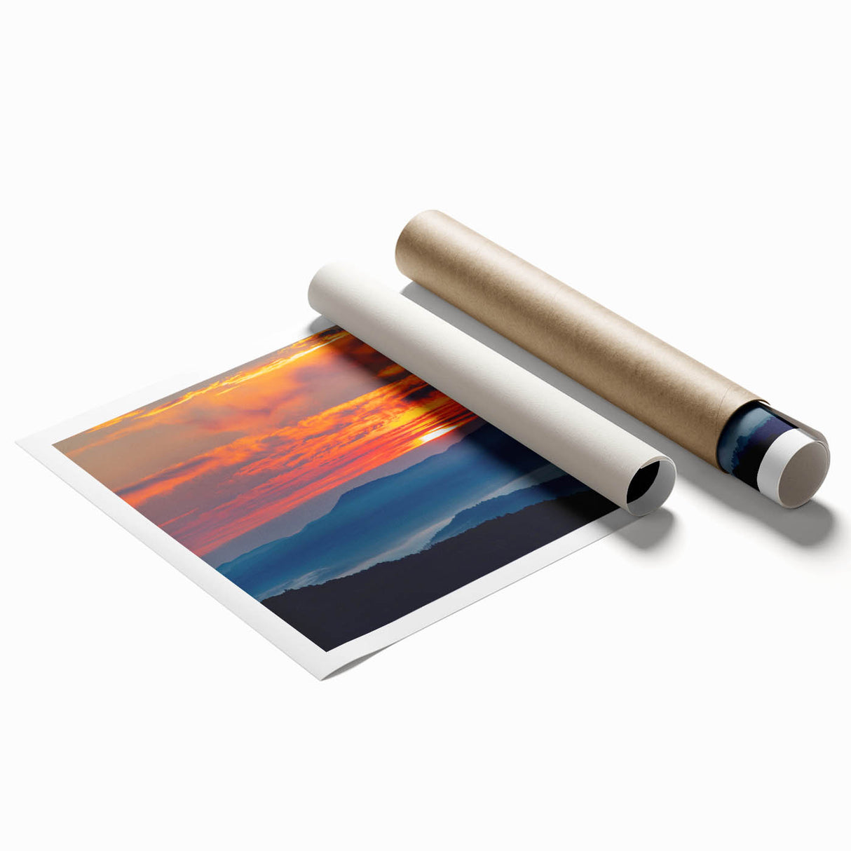 Blue Ridge landscape with floral elements in soft blue tones on rolled canvas, ideal for classy bathroom wall art.