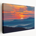 Blue Ridge Mountains landscape on large stretched canvas, featuring muted earth tones, ideal for kitchen wall art.
