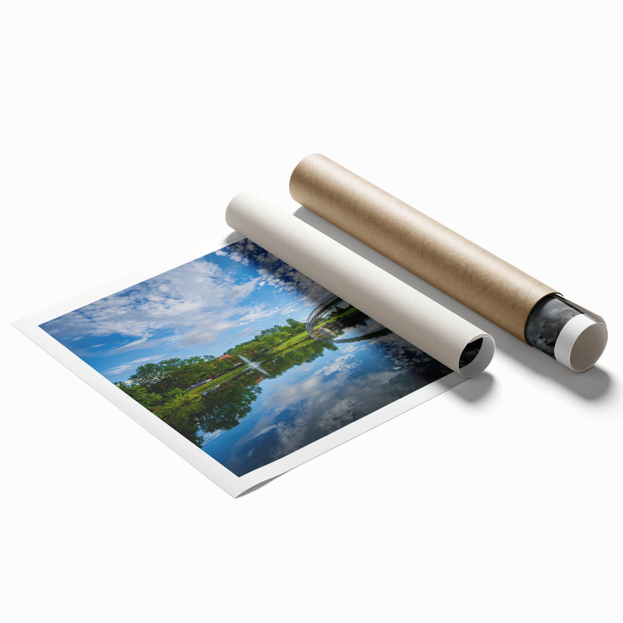 Extra large rolled canvas print of Charlotte, North Carolina skyline in muted gray and blue tones.