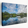 Charlotte skyline depicted in muted blue and gray tones on a large stretched canvas, suitable for kitchen wall art.