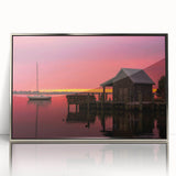 Mid-century modernist art depicting the Outer Banks in muted blue tones, framed acrylic, ideal for nursery wall art.