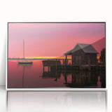 Art deco style poster of the Outer Banks, North Carolina, in muted blue and white tones on framed acrylic.