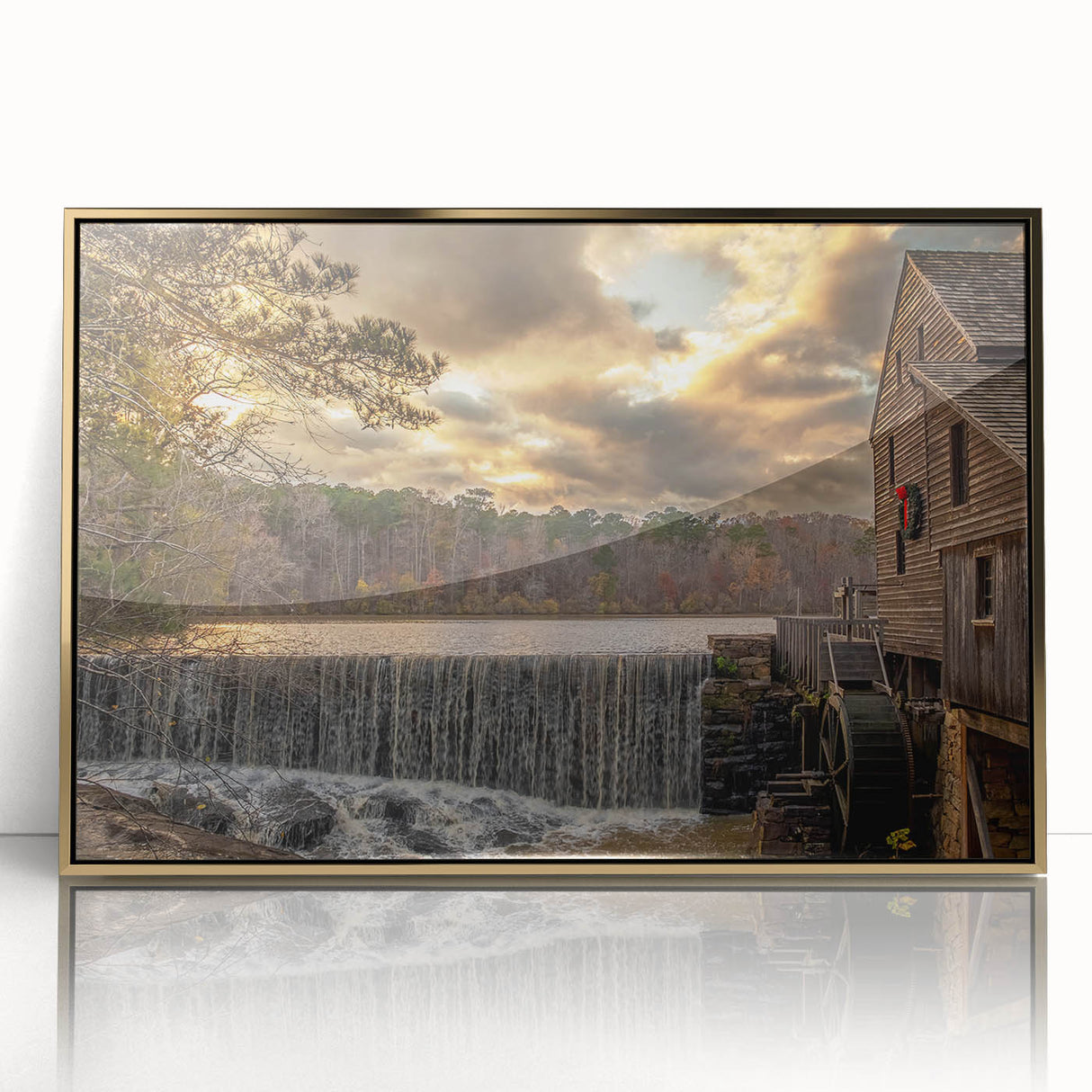 Mid-century modernist art of Raleigh skyline in gold and blue tones on framed acrylic, suitable for modern art wall decor.