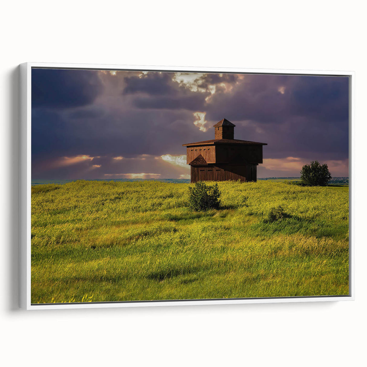 Vintage poster art of a North Dakota landscape on a framed canvas, featuring a colorful palette, ideal for living room decor.