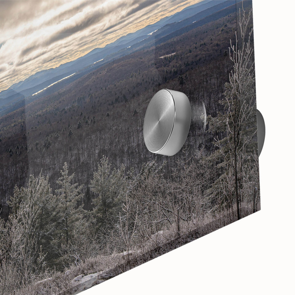 Mid-century modernist abstract landscape in muted blue and green tones on acrylic glass, ideal for dining room art.