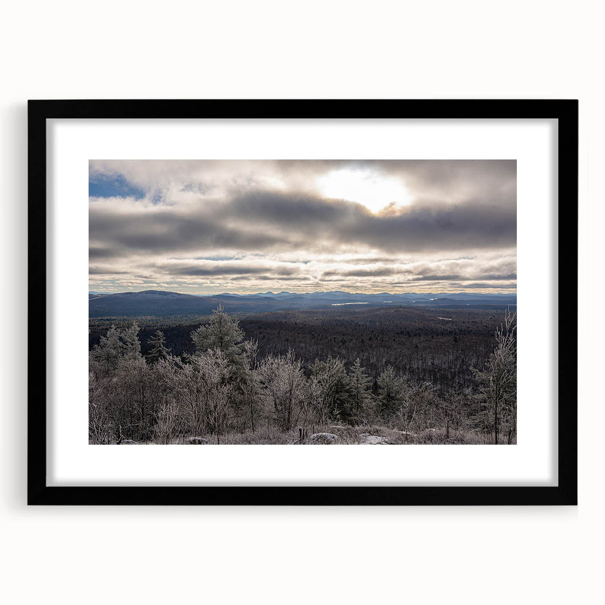 Extra large framed wall art depicting a colorful, abstract Adirondacks scenery in textured style.