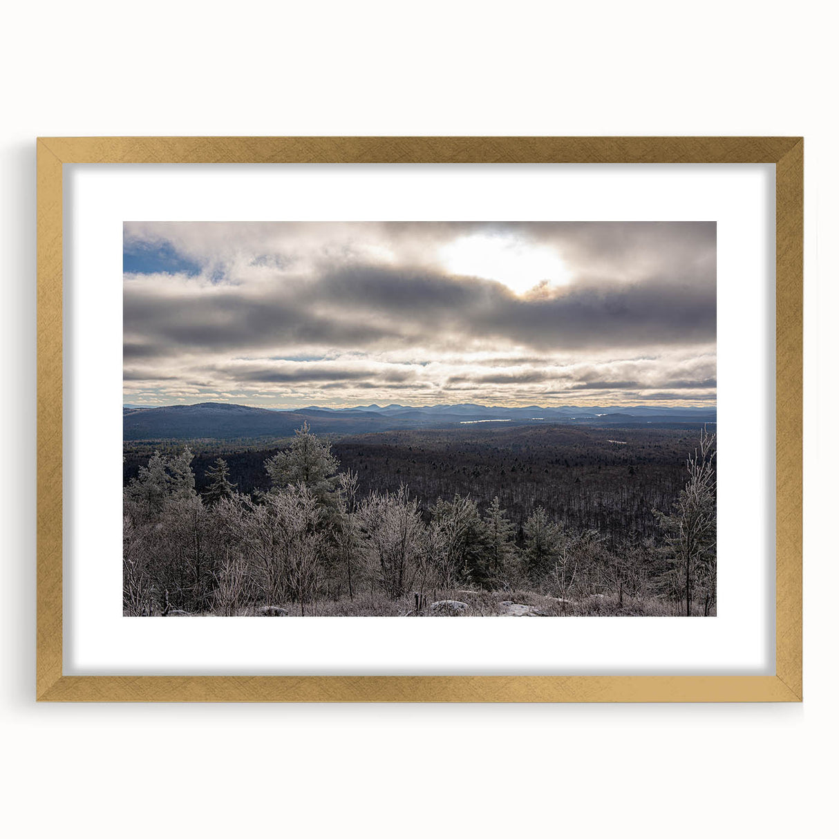 Extra large abstract art print of Adirondack scenery in textured gold frame, suitable for living room decor.