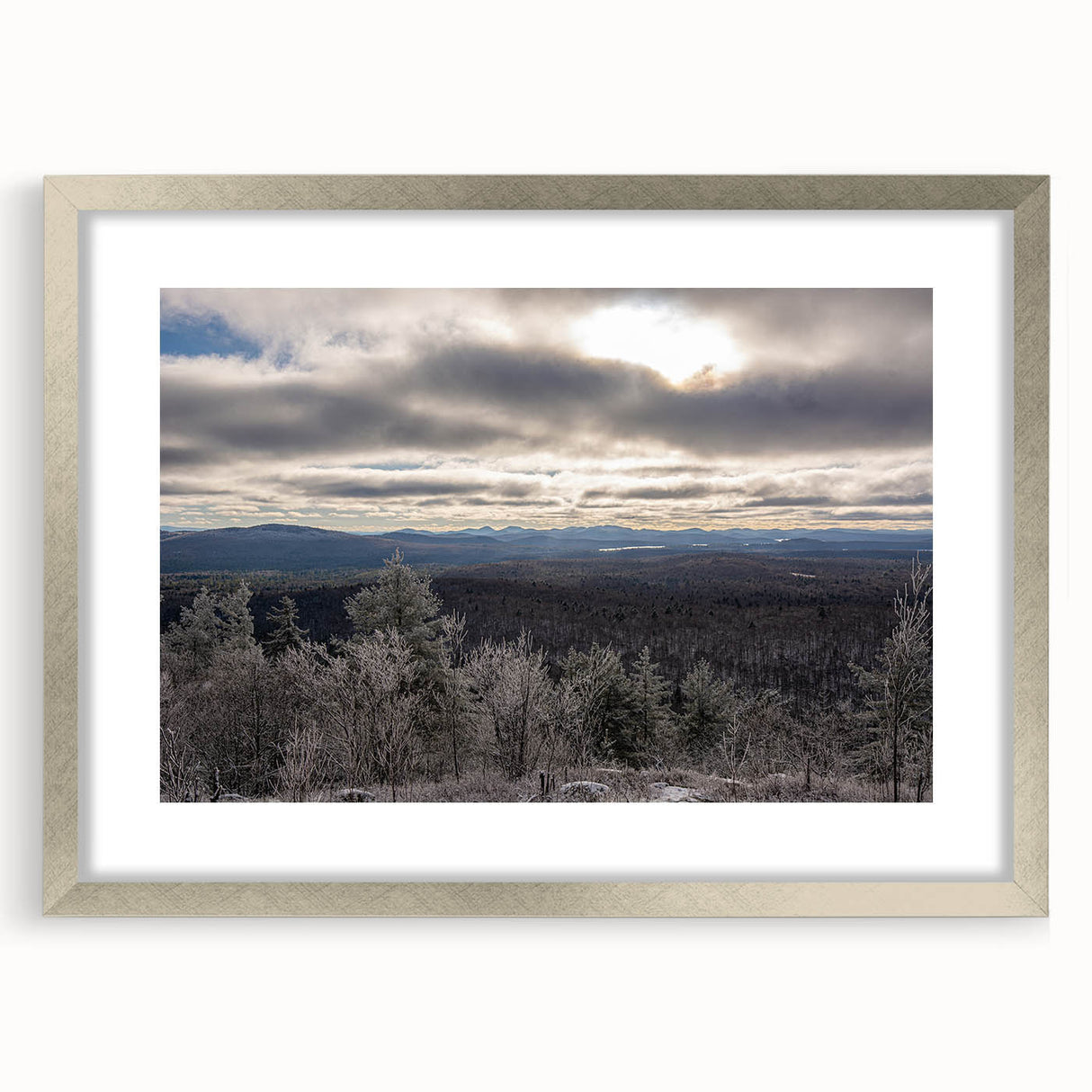 Textured abstract art print of Adirondacks scenery in silver frame, using cool muted colors, ideal for bedroom art.
