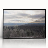 Large abstract wall art depicting the Adirondacks in muted earth tones, framed in black acrylic.