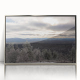 Mid-century modernist art depicting Adirondack scenery in muted earth tones, framed in silver acrylic.
