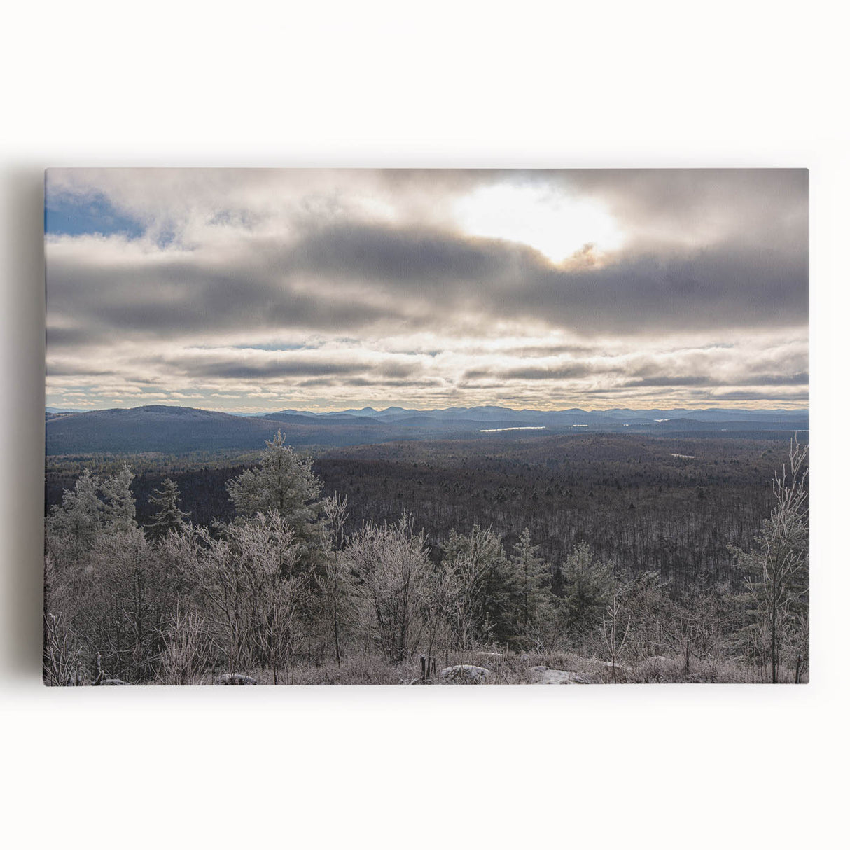 Black and white stretched canvas featuring a serene Adirondack landscape, ideal for kitchen wall art.