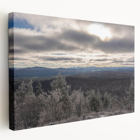 Scenic Adirondack landscape on stretched canvas featuring lush greens and blues, ideal for kitchen wall art.