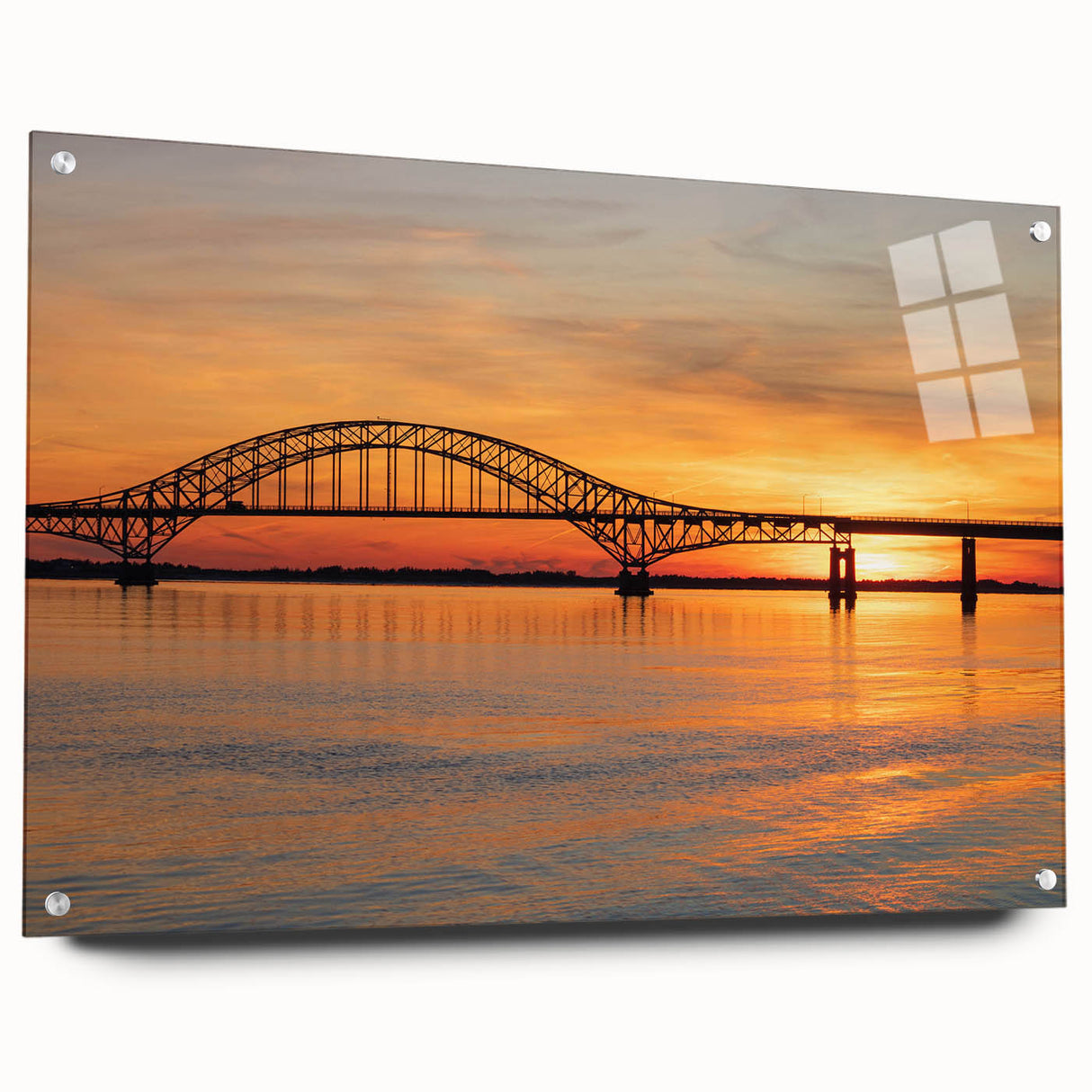 Acrylic print of a large abstract depiction of Long Island scenery in cool blue tones.
