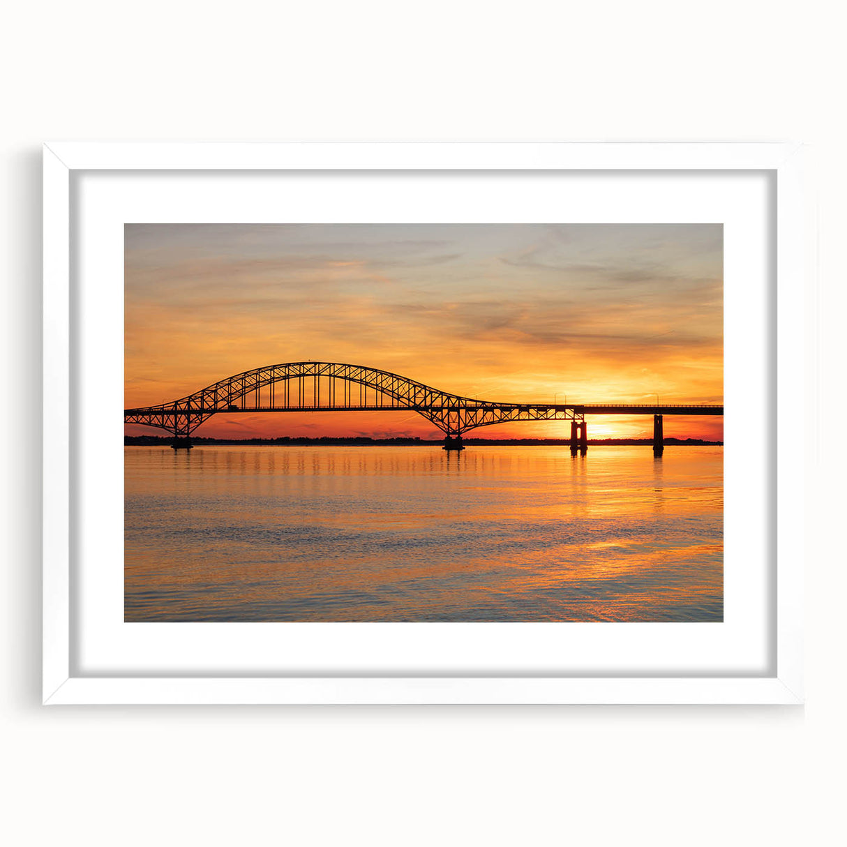 Abstract art print of Long Island scenery in muted blue and gray tones, framed with a white mat.