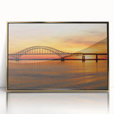 Large art print of Long Island scenery in mid-century modernist style, acrylic in gold frame.