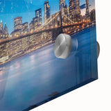 Acrylic print of Brooklyn Bridge in muted grays and blues, large abstract style, ideal for dining room art.