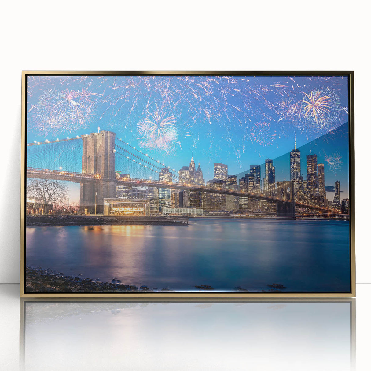 Acrylic print of the Brooklyn Bridge in muted gold and gray tones, ideal for modern art wall decor.