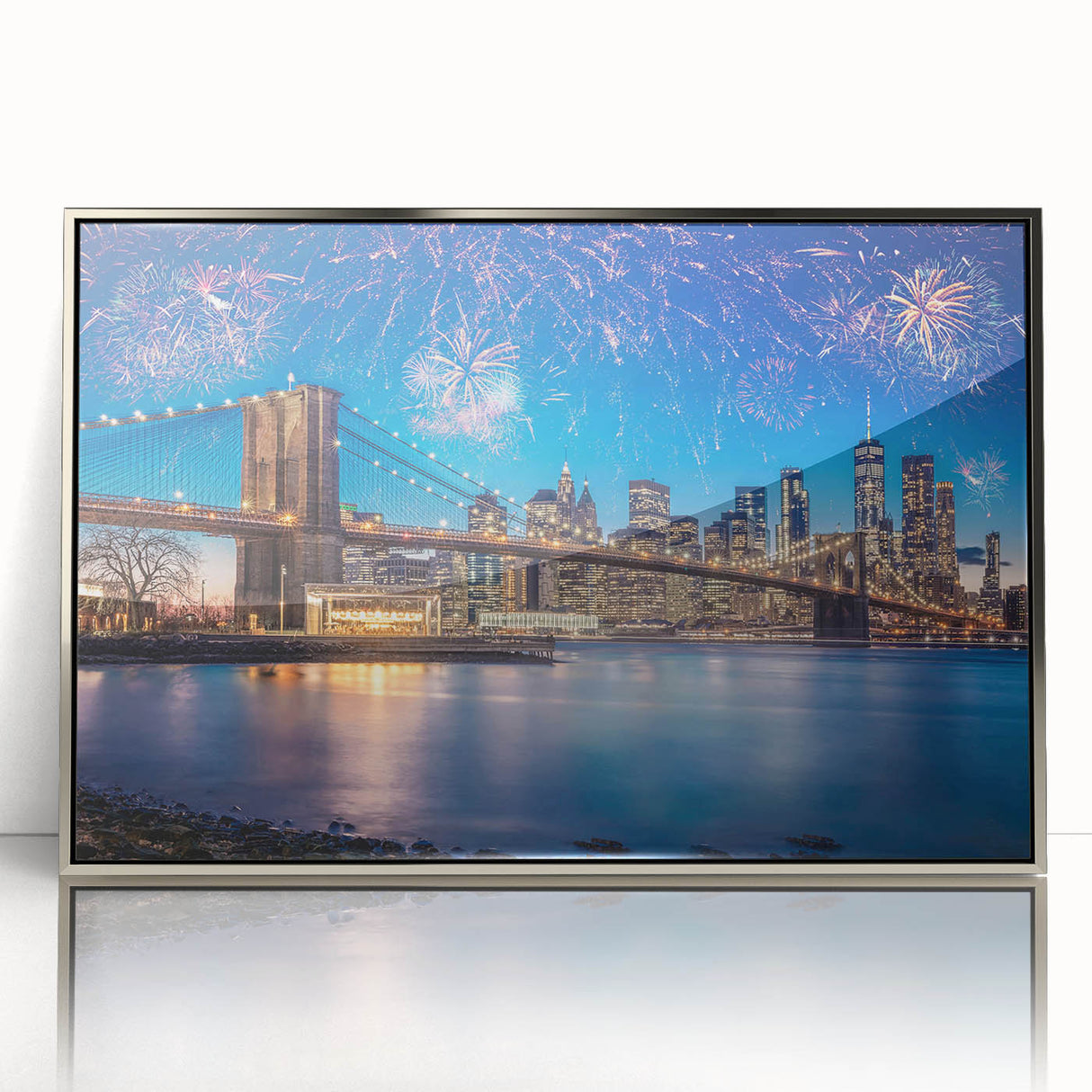 Mid-century modernist art of the Brooklyn Bridge in monochrome tones, framed acrylic, suitable for modern art wall decor.